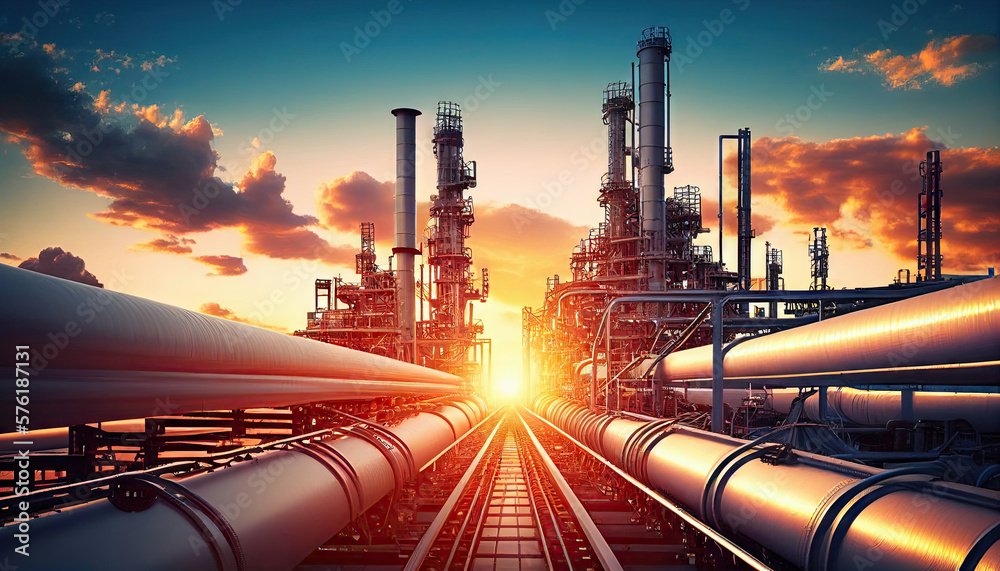 Industry pipeline transport petrochemical, gas and oil processing, furnace factory line, rack of heat chemical manufacturing, equipment steel pipes plant with Generative AI.