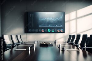 An Elegant and empty meeting boardroom with presentation. A conference table with a big TV screen, representing the idea of teamwork and collaboration in business. corporate business Generative AI