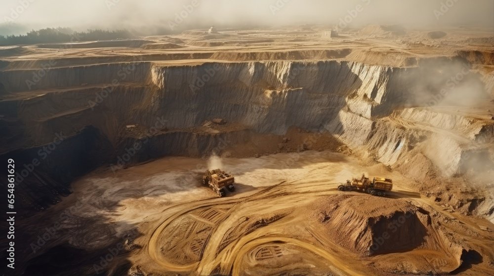 Excavator mining clay in open pit quarry for brick and tile production