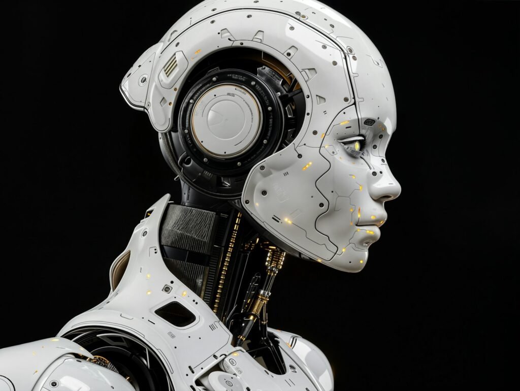 Humanoid robot head in profile with the mechanical joint assembly exposed