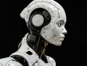 Humanoid robot head in profile with the mechanical joint assembly exposed