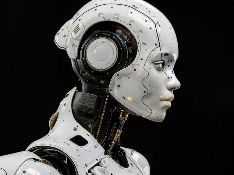 Humanoid robot head in profile with the mechanical joint assembly exposed