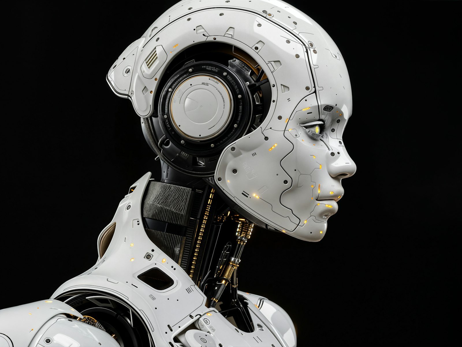 Humanoid robot head in profile with the mechanical joint assembly exposed